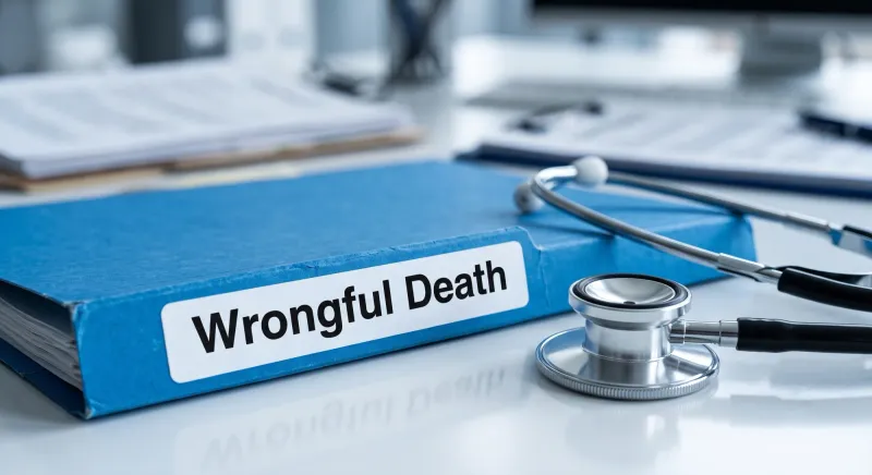 A blue file folder titled Wrongful Death lying beside a stethoscope on a desk A blue file folder titled Wrongful Death lying beside a stethoscope on a desk