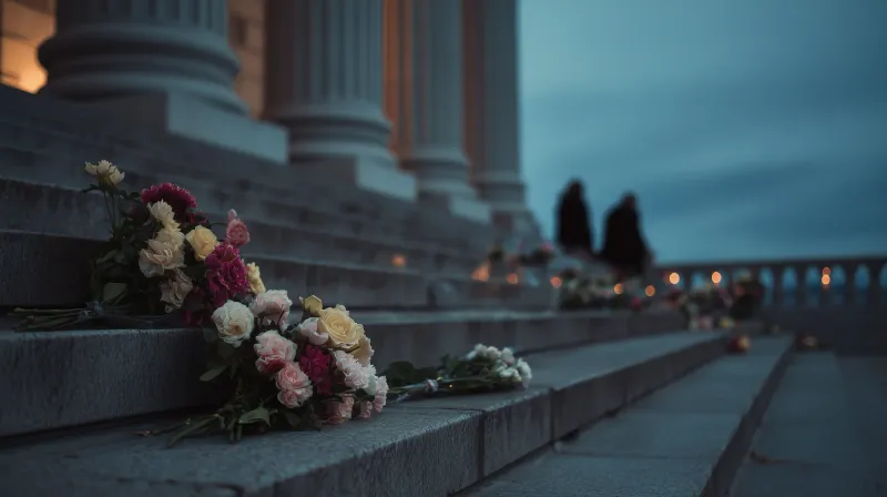 Bunches of flowers left on the stone steps of a columned building at dusk