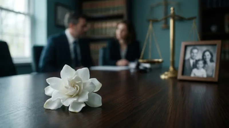 A white flower and a framed family photograph on a lawyer’s desk, with brass scales of justice and two people seated behind