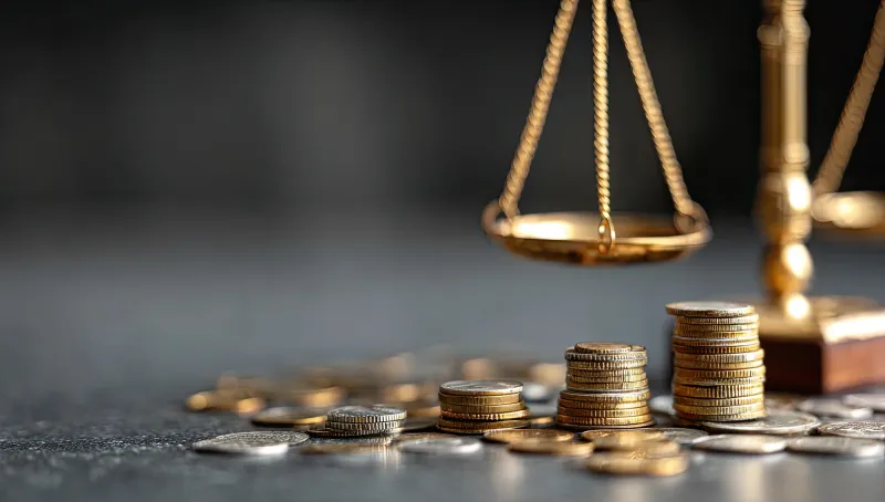 Una balanza de la justicia de latón sobre pilas de monedas en una mesa oscura