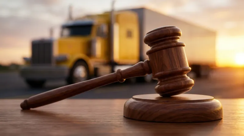 A wooden gavel resting on a desk with a yellow semi truck behind it at sunset