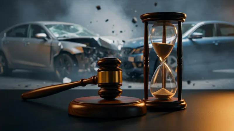 A wooden gavel and a running hourglass on a desk, with two cars colliding behind them
