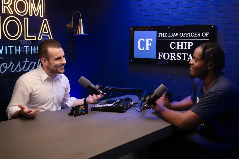 Jonathan Forstall interviewing a guest in the From NOLA with the Forstalls studio
