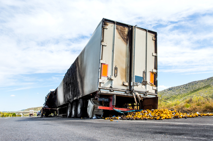 Burned and abandoned truck along the roadside after an accident