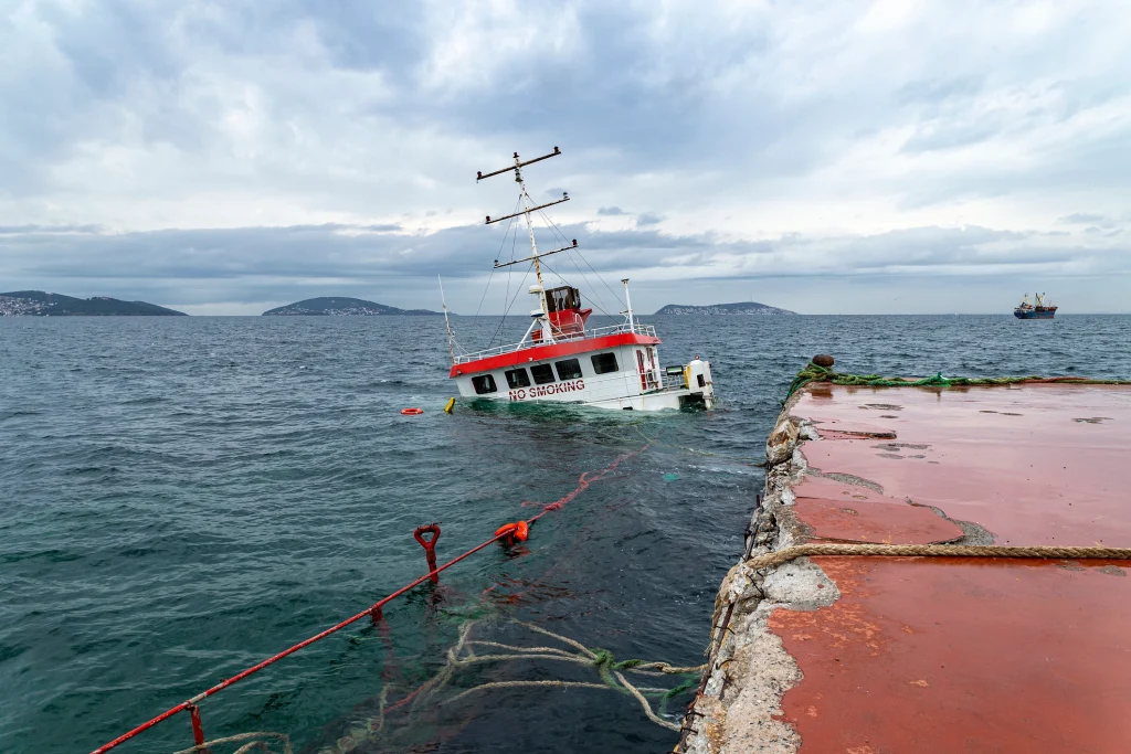 Partially submerged vessel following a maritime accident, illustrating maritime injury and offshore worker claims.